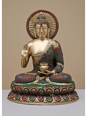 29" Brass Gautam Buddha Preaching His Dharma with Inlay Work | Handmade