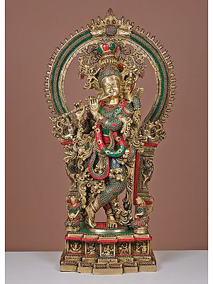 32" Large Brass Fluting Krishna with Arch | Handmade