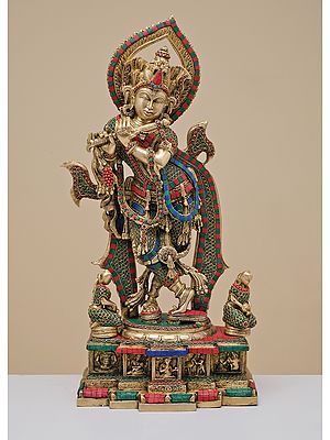 25" Brass Fluting Krishna with Inlay Work | Handmade