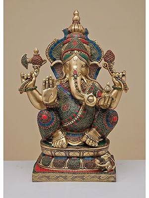 24" Brass Lord Ganesha with Inlay Work | Handmade