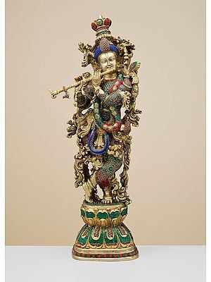 29" Brass Fluting Krishna with Inlay Work | Handmade