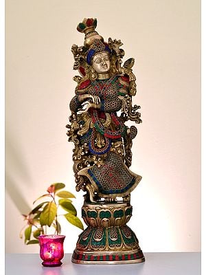 29" Brass Goddess Radha with Inlay Work | Handmade