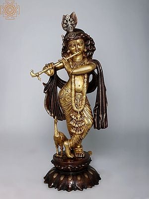 27" Brass Lord Krishna Playing Flute | Handmade