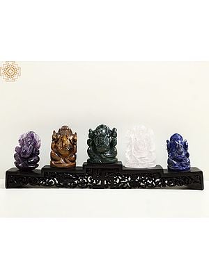 14" Set of Five Gemstone Ganesha with Wooden Pedestal