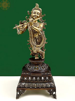 26" Brass Playing Flute Lord Krishna Standing on Pedestal