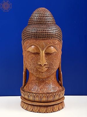 17" Wooden Buddha Head With Beautiful Carving