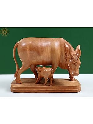11" Wooden Mother Cow with Calf