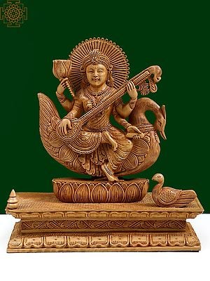 12" Wooden Goddess Saraswati with Veena