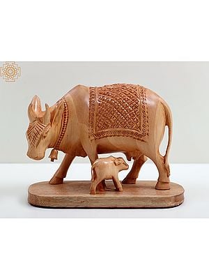 5" Small Mother Cow Wooden Sculpture with Calf