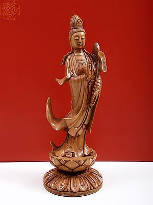 16" Wooden Buddhist Kuan-Yin Standing on Pedestal
