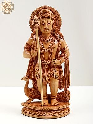 8" Wooden Standing Lord Kartikeya with Peacock (Murugan)