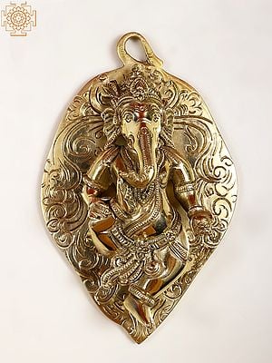 6" Small Brass Lord Ganesha on Leaf Wall Hanging