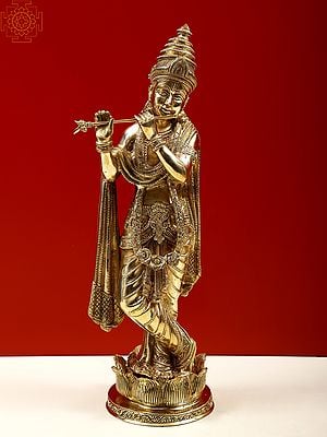 17" Brass Lord Krishna Playing Flute on Lotus Pedestal