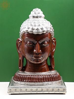 31" Large Wooden Buddha Head With Sterling Silver Cladding