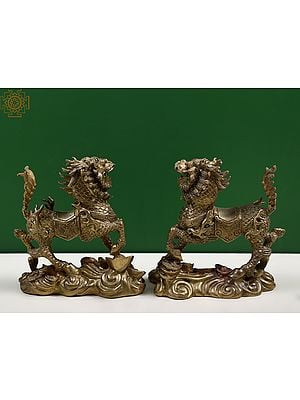 4" Small Bronze Pair of Chinese Feng Shui Dragon Chi Lin Figurine Statue