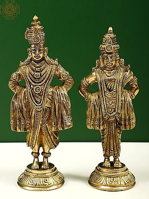 8" Lord Vitthal and Goddess Rukmini On Pedestal In Brass