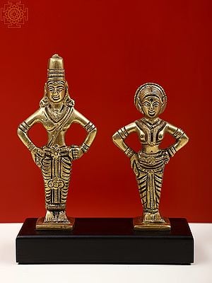 6" Small Brass Lord Vitthal and Rukmini Standing on Wooden Pedestal