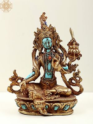 4" Small Copper Nepalese Goddess Green Tara Statue