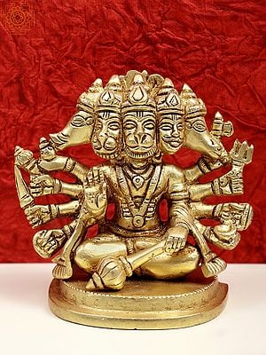 4" Small Brass Panchmukhi Hanuman Statue Seated on Pedestal