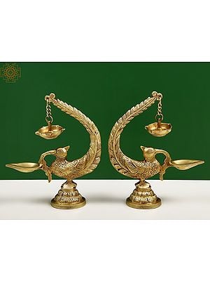 8" Brass Pair of Peacock Lamp with Five Wicks Diya Hanging on Peacock's Tail