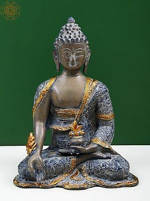 10" Brass Medicine Buddha Idol with Bowl of Medicinal Herbs