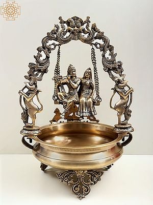 21" Brass Urli with Radha Krishna on a Swing