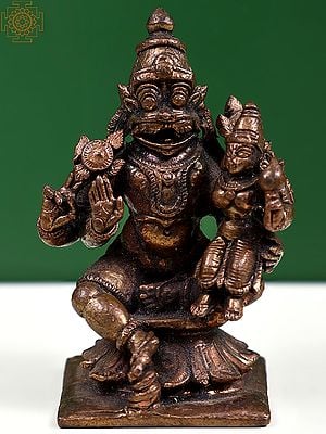 2" Small Lord Narasimha with Goddess Lakshmi Sitting on Pedestal In Copper