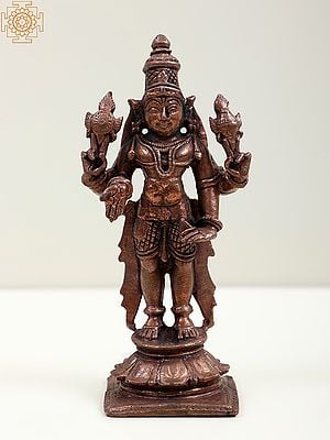 4" Small Copper Standing Vishnu On Pedestal