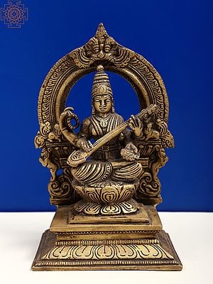 7" Brass Goddess Saraswati Seated on Lotus Pedestal with Kirtimukha Aureole