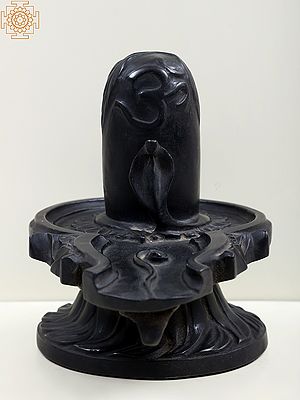 9" Black Marble Shiva Linga with Carved Belpatra and Om