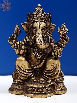 3" Small Brass Chaturbhuja Lord Ganesha Sculpture