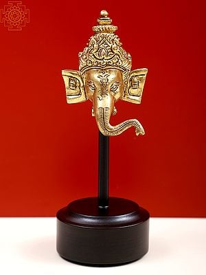 5" Small Brass Ganesha Head with Wooden Base