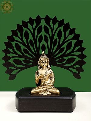 6" Small Brass Lord Buddha with Wooden Tree