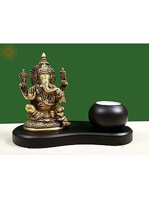 7" Brass Lord Ganesha with Candle on Wooden Base