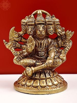 2" Small Brass Panchmukhi Hanuman Sculpture Seated on Pedestal