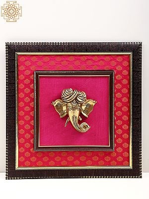 18" Brass Turbaned Lord Ganesha Mask Wall Hanging with Wooden Frame