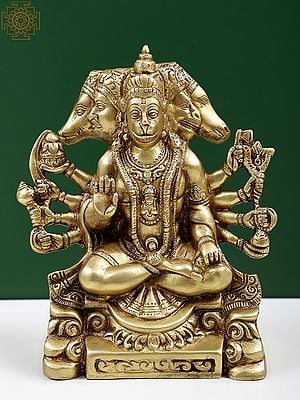 8" Brass Panchmukhi Hanuman Idol Seated on Pedestal