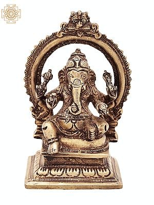 4" Ganesha Sculpture with Aureole in Brass | Handmade | Made in India