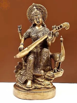 15" Goddess Saraswati Settled in Her Majestic Stance In Brass | Handmade | Made In India