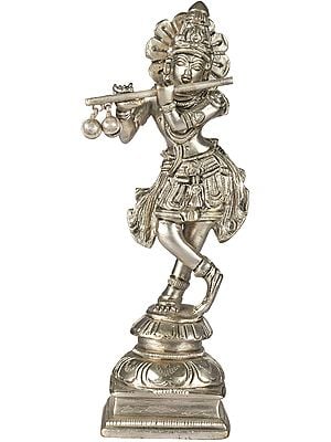 6" Small Shri Krishna Playing Flute In Brass