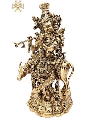 26" Krishna The Flutist, With His Cow In Brass | Handmade | Made In India