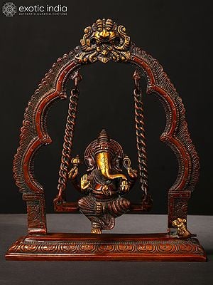 9" Brass Lord Ganesha Idol on a Swing with Kirtimukha | Handmade in India