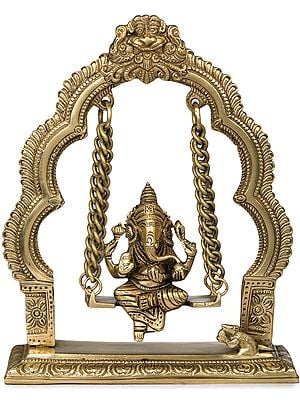8" Lord Ganesha on a Swing with Kirtimukha Atop In Brass | Handmade | Made In India