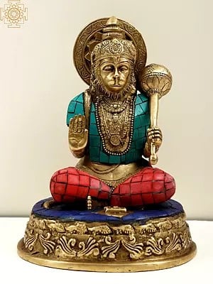 4" Blessing Lord Hanuman Statue with Inlay Work in Brass | Handmade