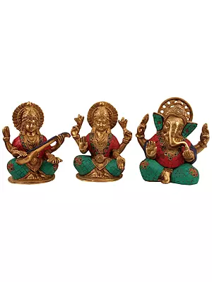 7" Lakshmi, Ganesha and Saraswati with Inlay In Brass | Handmade | Made In India