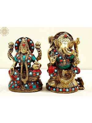 6" Lord Ganesha and Goddeess Lakshmi with Inlay In Brass | Handmade | Made In India