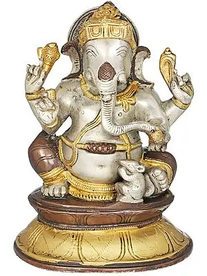 7" Chaturbhuja Ganesha With His Mouse In Brass | Handmade | Made In India