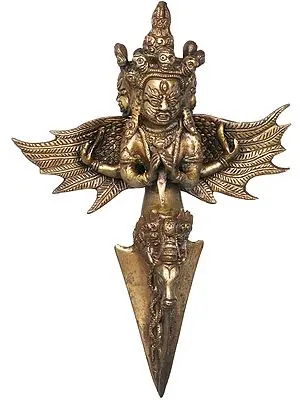 11" Three Headed Mahakala Phurpa With Wings - Tibetan Buddhist In Brass | Handmade | Made In India