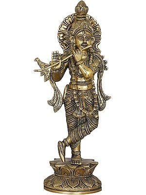 14" Krishna The Divine Flutist In Brass | Handmade | Made In India