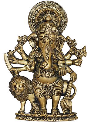 Ganesha With Goddess's Lion - Flat Wall Hanging